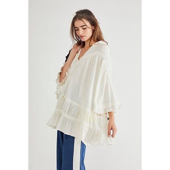 NWT FREE PEOPLE Sz L FREE-EST SOAK UP THE SUN TUNIC GAUZE HOODED COVER UP IVORY - Picture 2 of 3